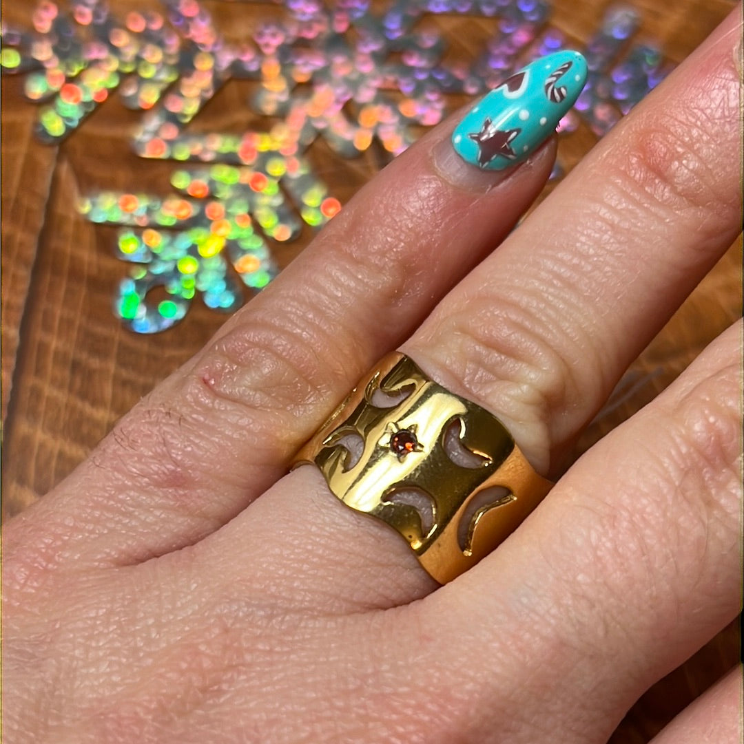 Tala Lani Ruby Moon - 22ct Gold Plated 925 Sterling Silver Ring - Size O