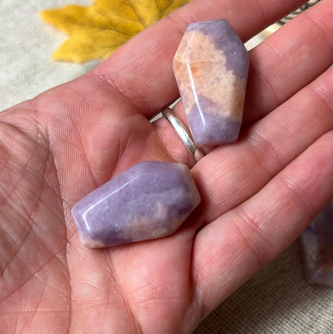 Lepidolite with stillbite coffin - flat back