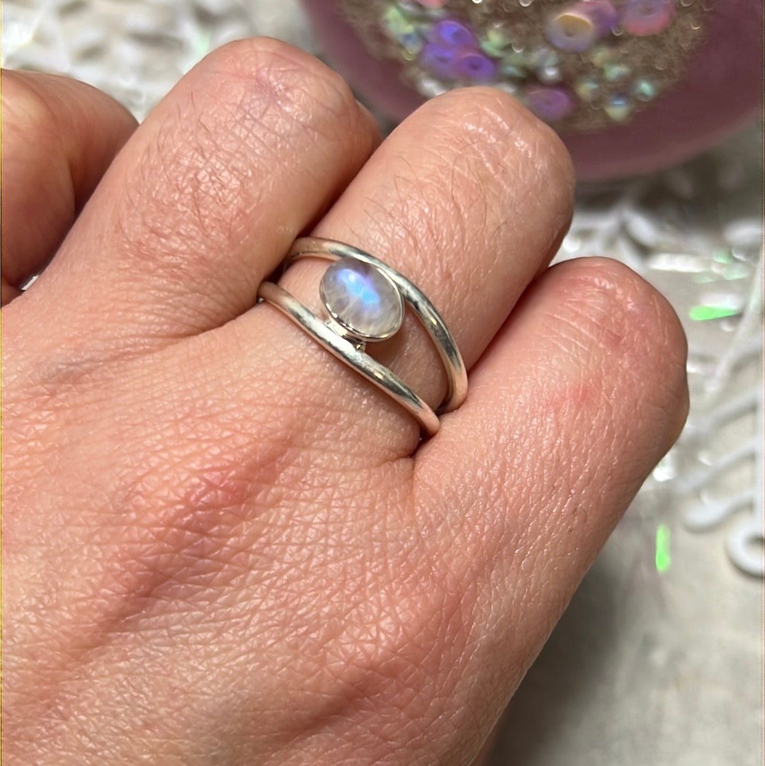 Moonstone Double Bar 925 Sterling Silver Ring - Size O 1/2