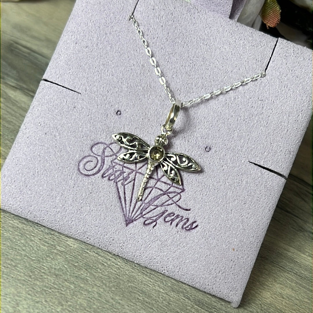 Citrine Facet Dragonfly Sterling Pendant