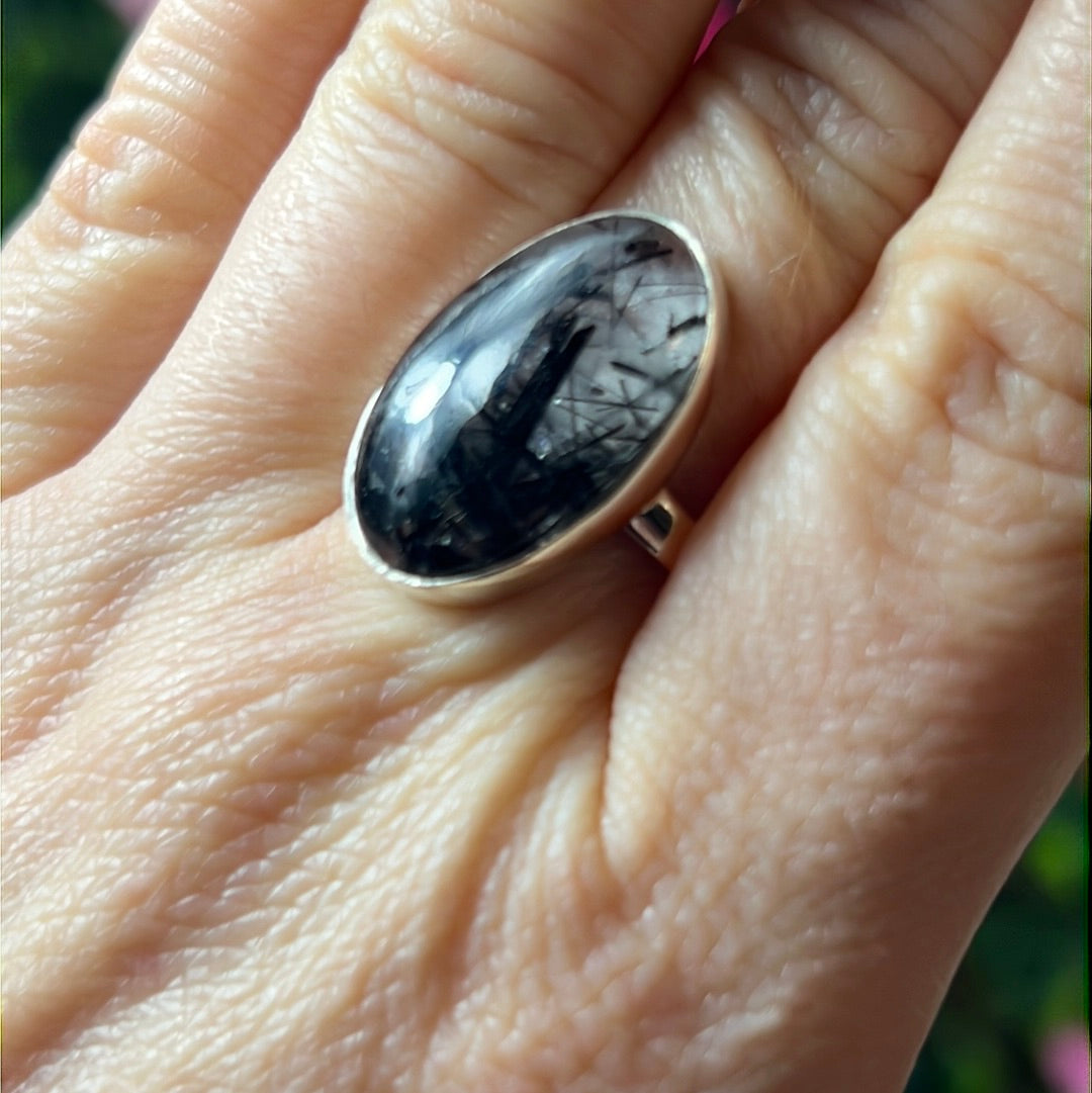 Black Rutilated Quartz 925 Sterling Silver Ring - Size Q