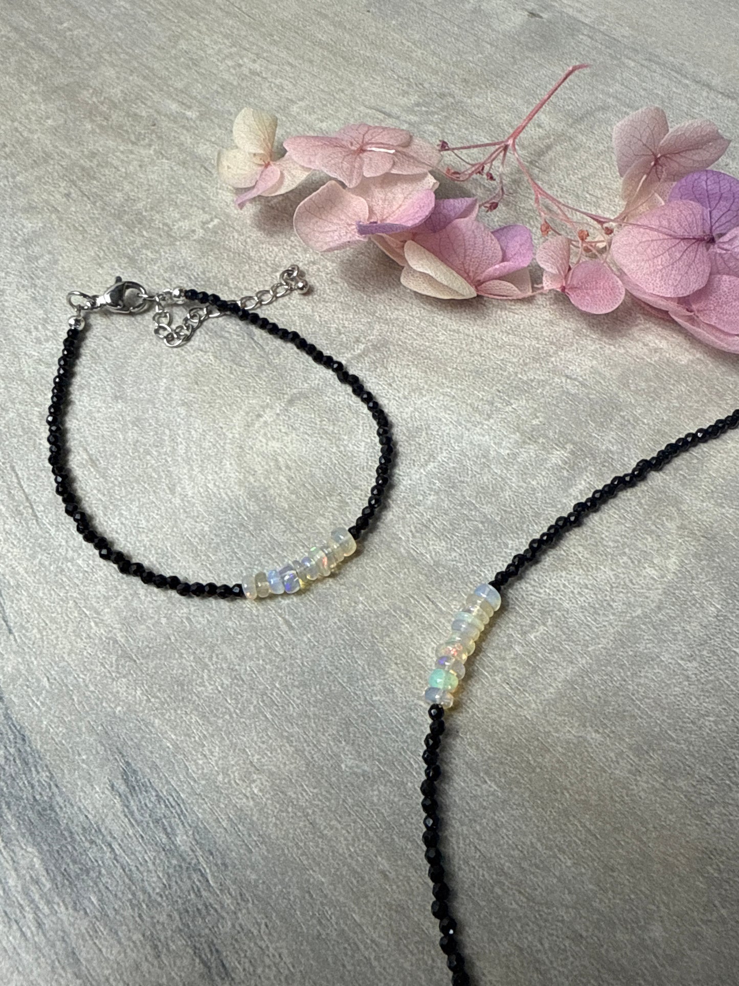 Ethiopian Opal with Black spinel facet beads bracelet