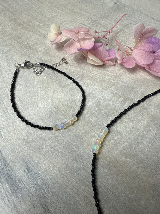 Ethiopian Opal with Black spinel facet beads bracelet