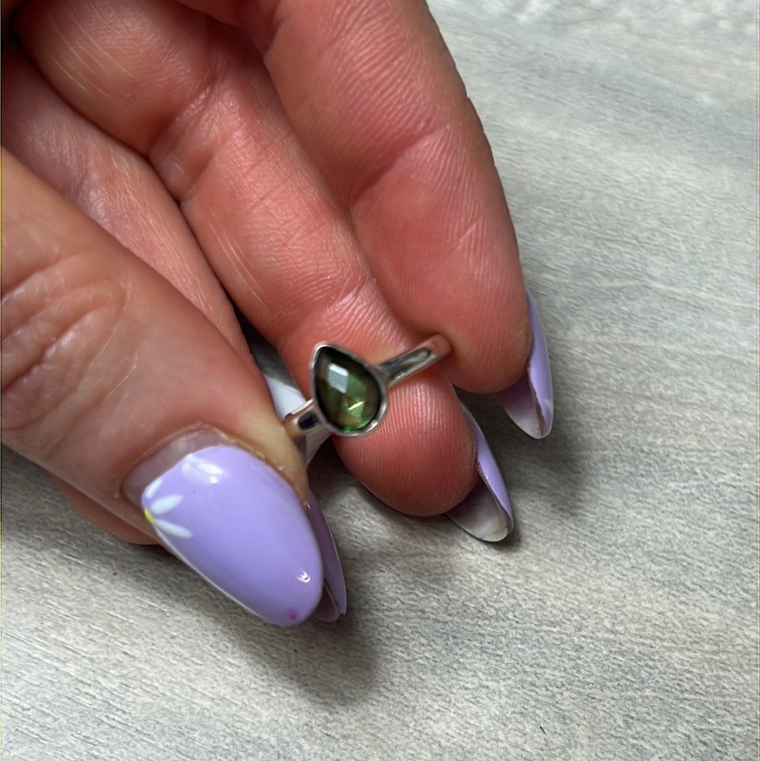 Green Tourmaline Facet 925 Silver Ring - Size L 1/2