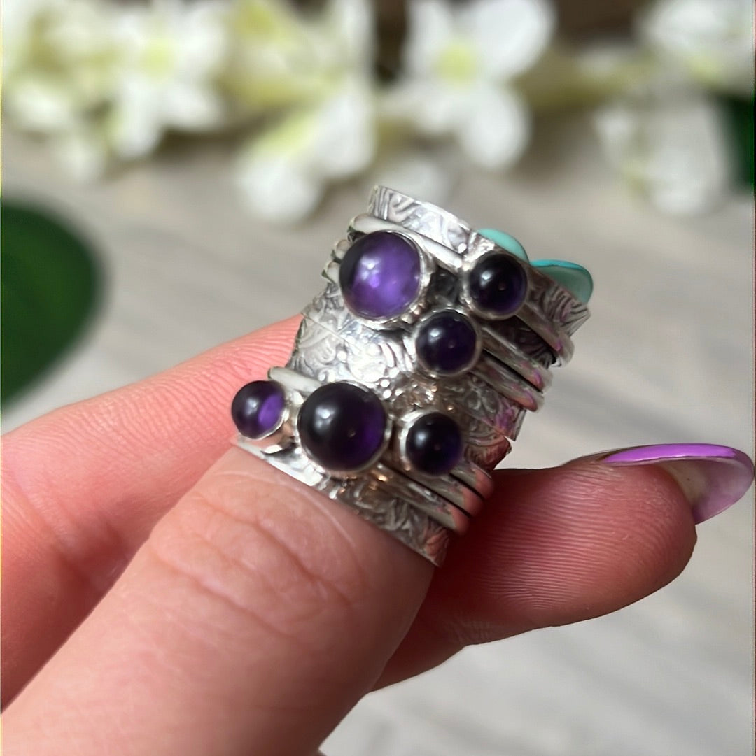 Trio Amethyst Fidget Spinner Ring - Sterling Silver 925 Size J 1/2