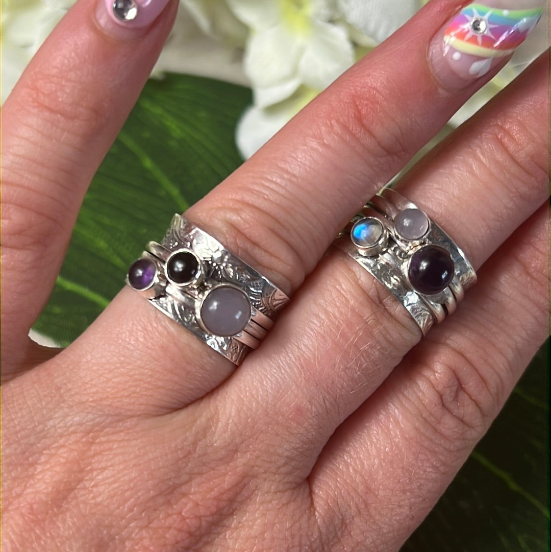 Trio Mix Fidget Spinner Ring - Sterling Silver 925 Size L 1/2