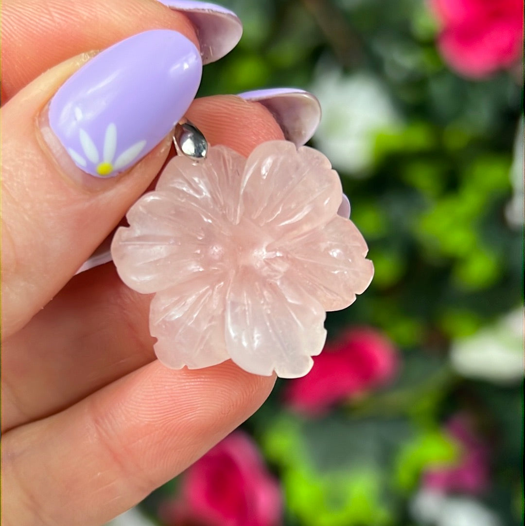 Rose Quartz Flower Pendant Sterling Silver