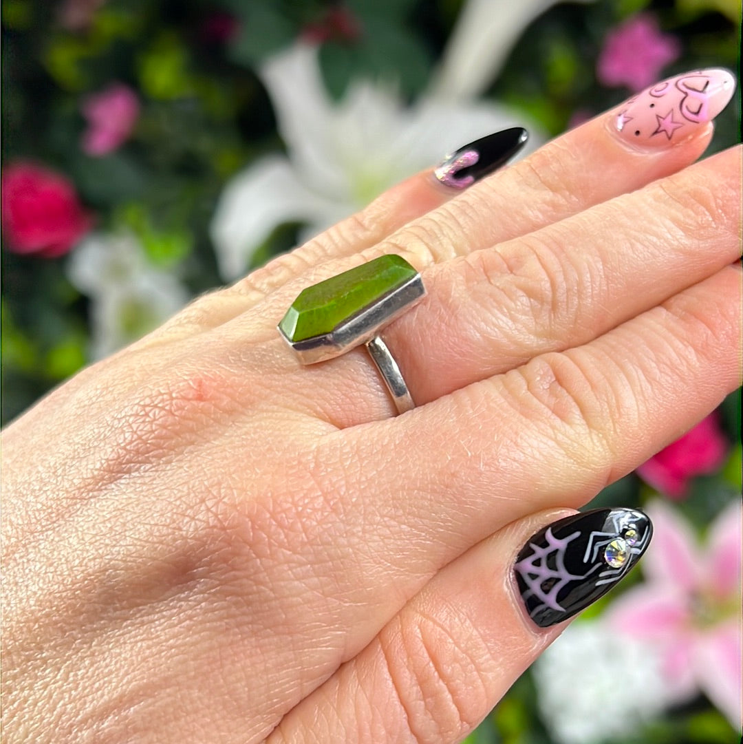 Nephrite Jade Coffin 925 Sterling Silver Ring - Size M 1/2