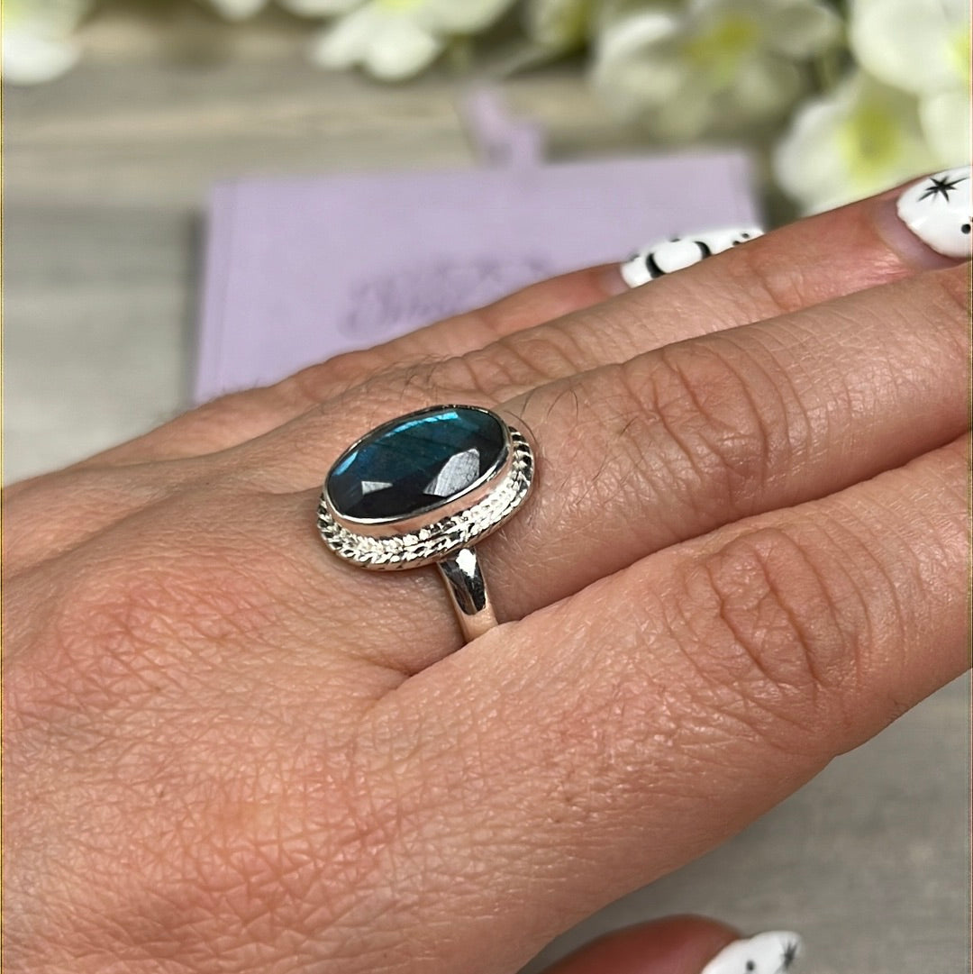 Labradorite Facet 925 Sterling Silver Ring - Size L 1/2