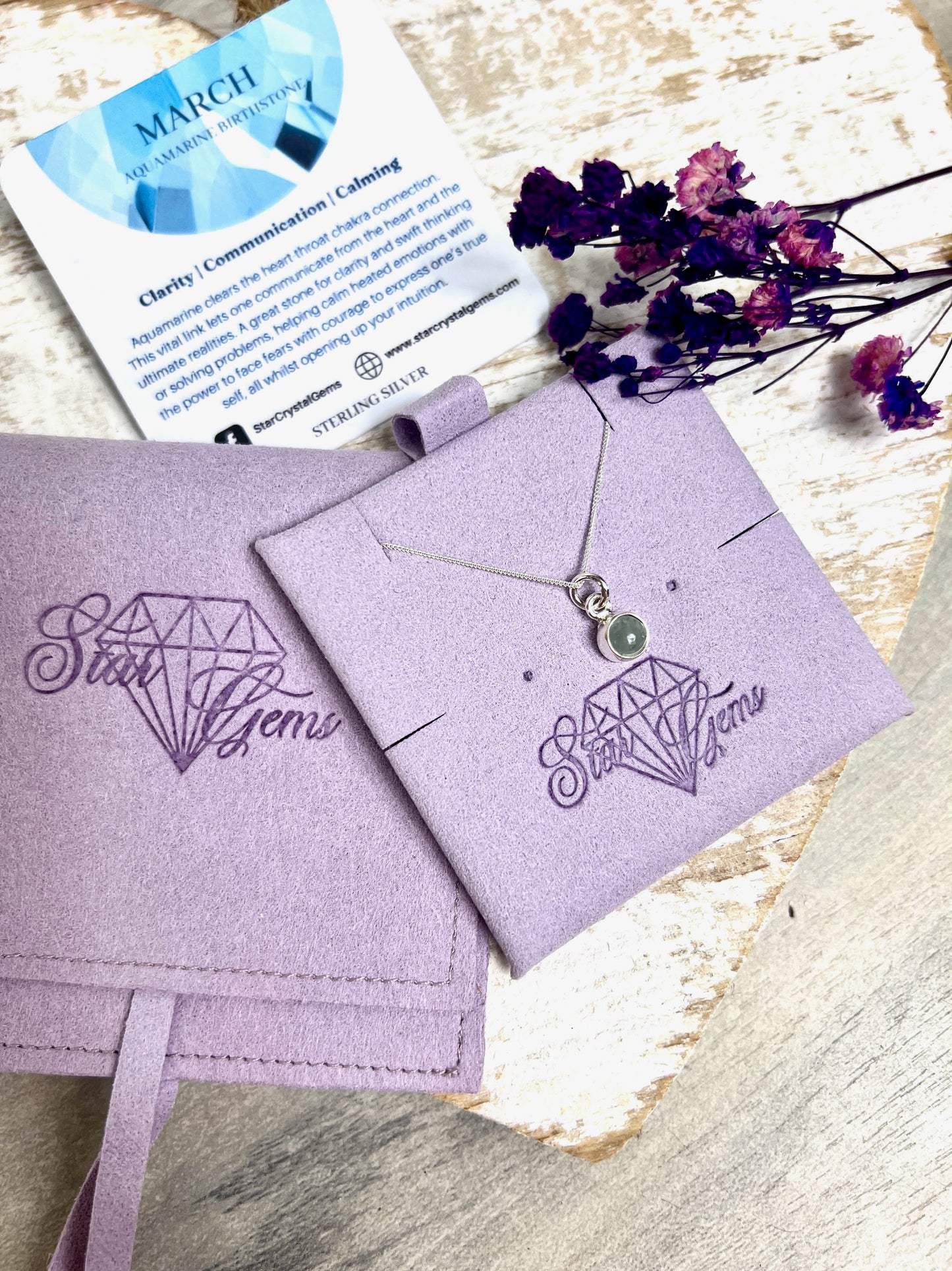 March Aquamarine Silver Birthstone & Personalised Initial Necklace - 925 Sterling Silver Birthday Gift