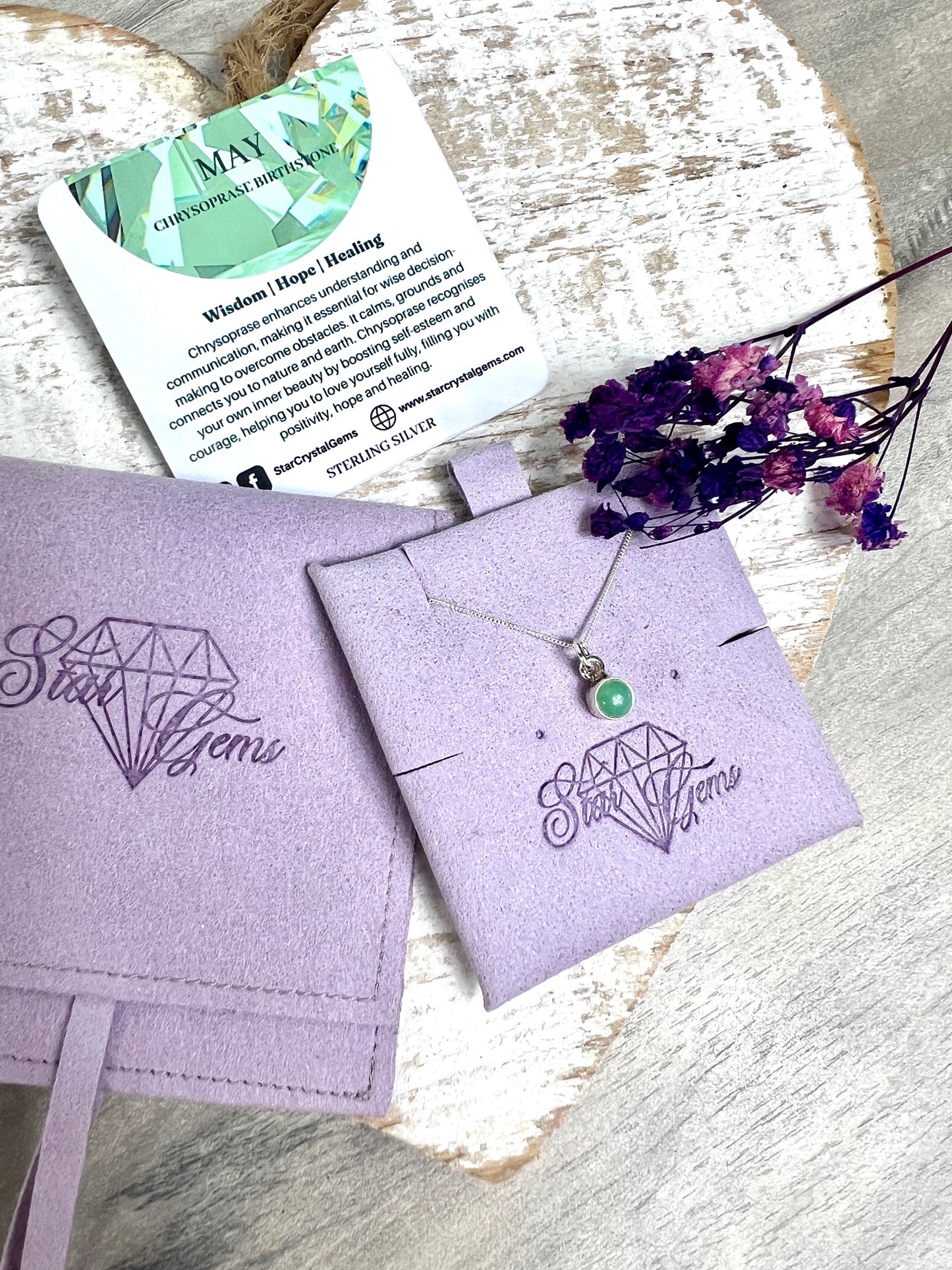 May Chrysoprase Silver Birthstone & Personalised Initial Necklace - 925 Sterling Silver Birthday Gift