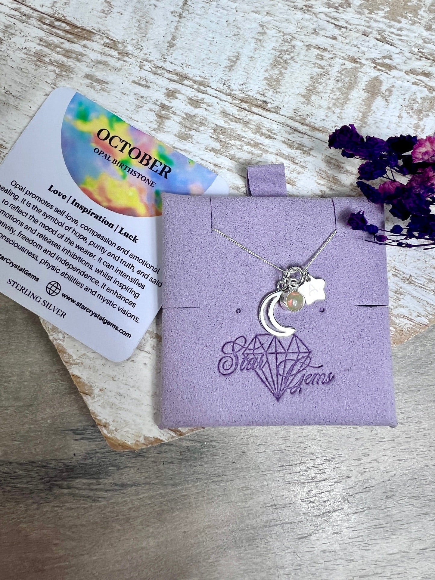 October Opal Silver Birthstone & Personalised Initial Necklace - 925 Sterling Silver Birthday Gift
