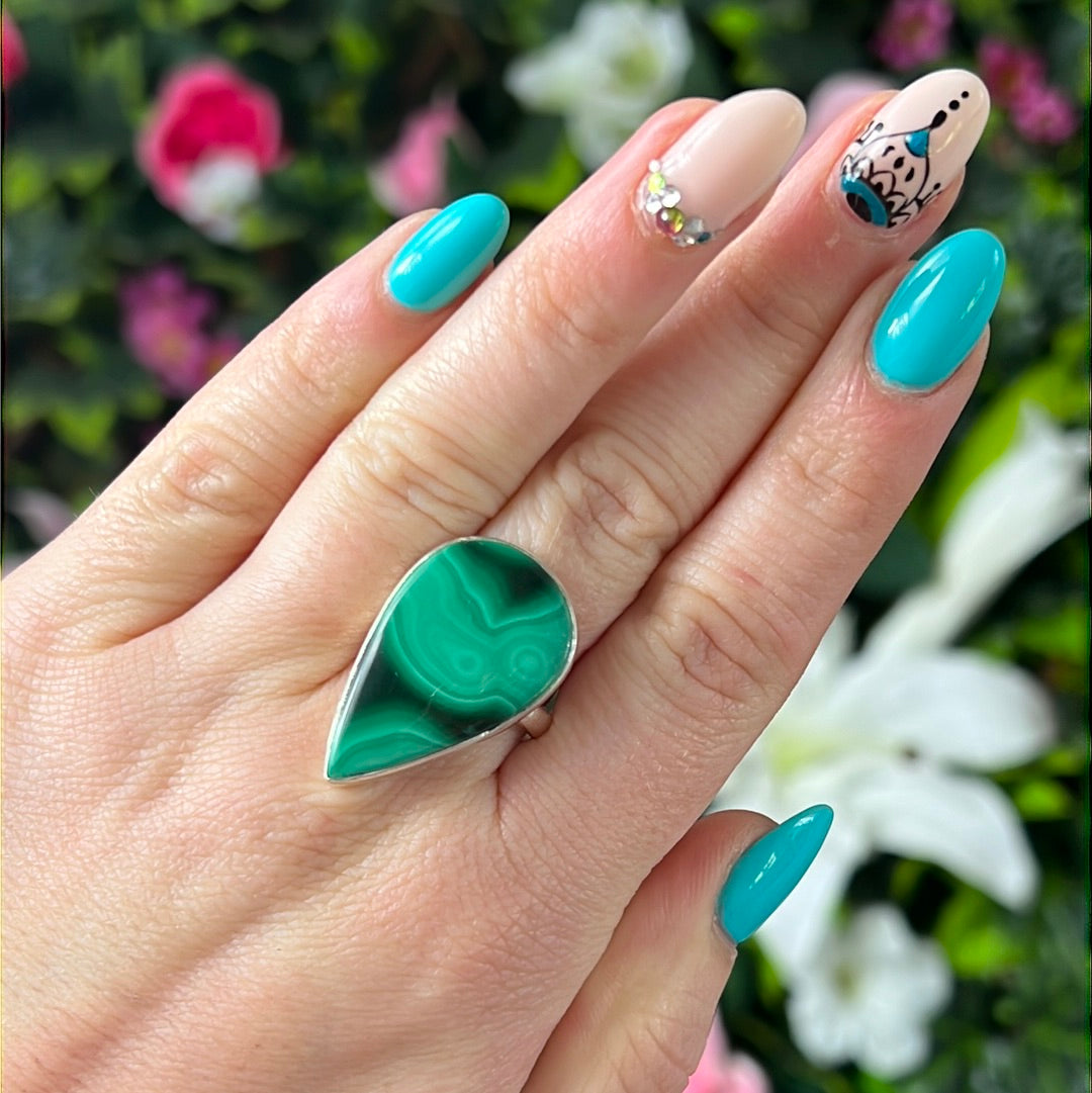 Malachite 925 Silver Ring - Size P 1/2