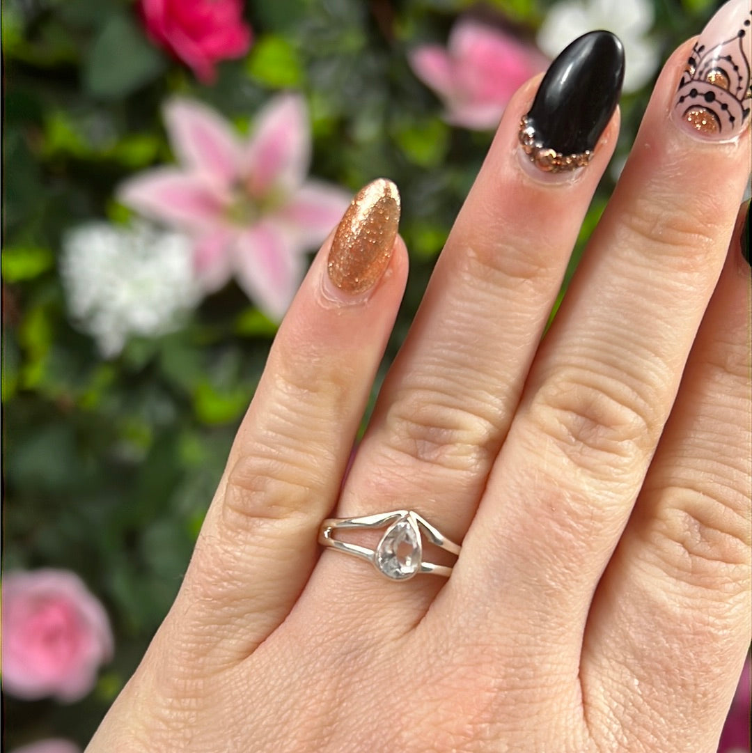 Clear Quartz Facet 925 Silver Ring -  Size L