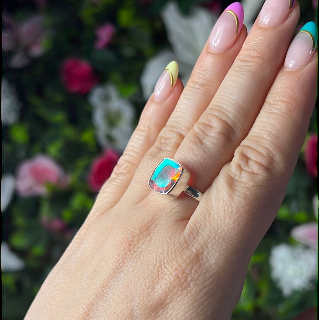 Mystic Topaz Facet 925 Silver Ring - Size O