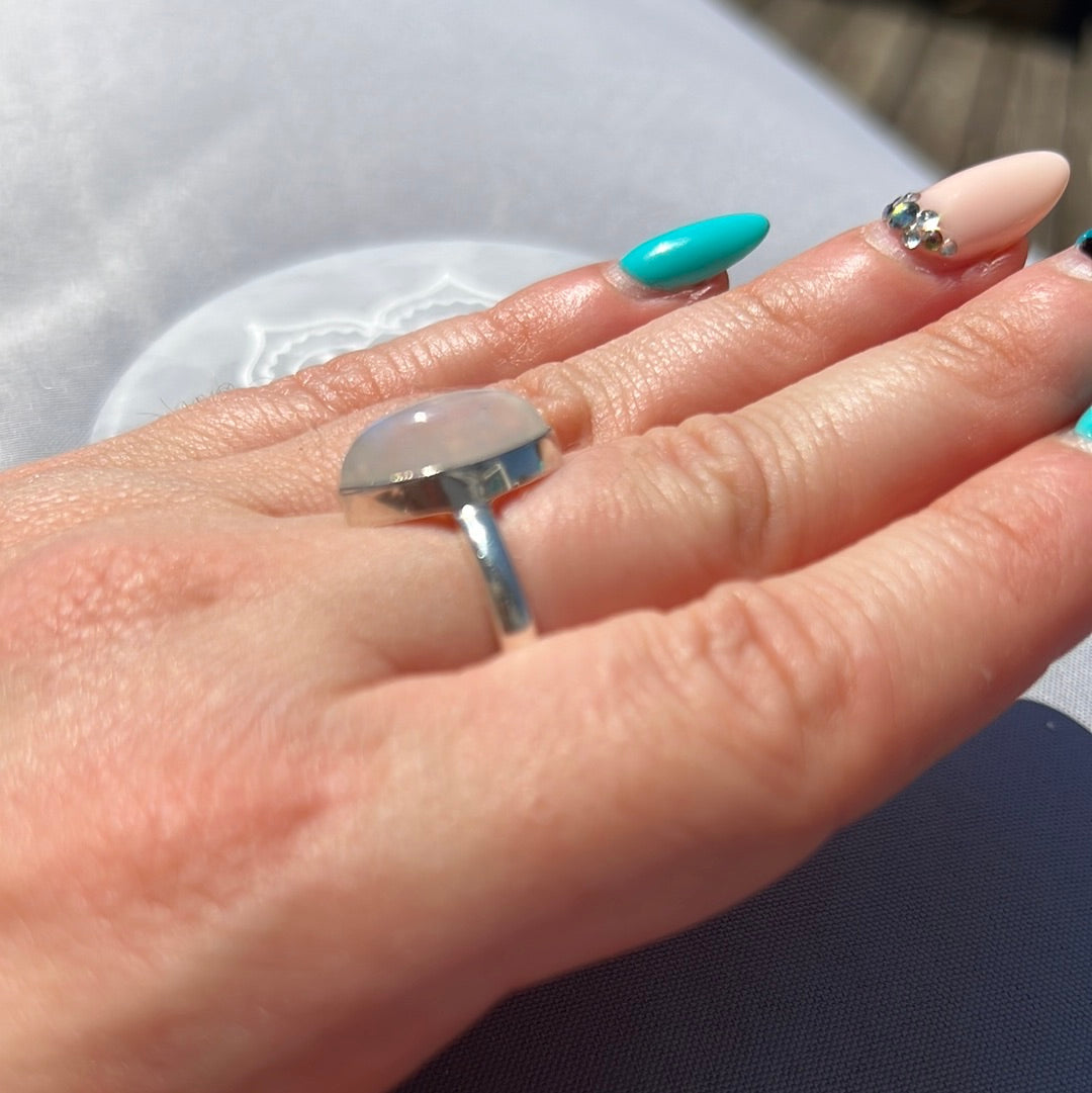 Rainbow Moonstone 925 Sterling Silver Ring - Size N 1/2 - O