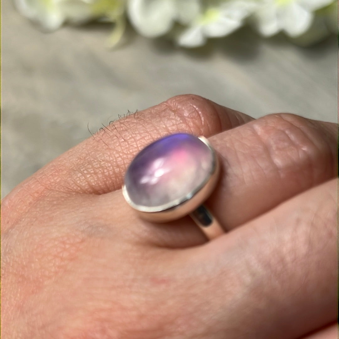 Pink Moonstone 925 Silver Ring -  Size L