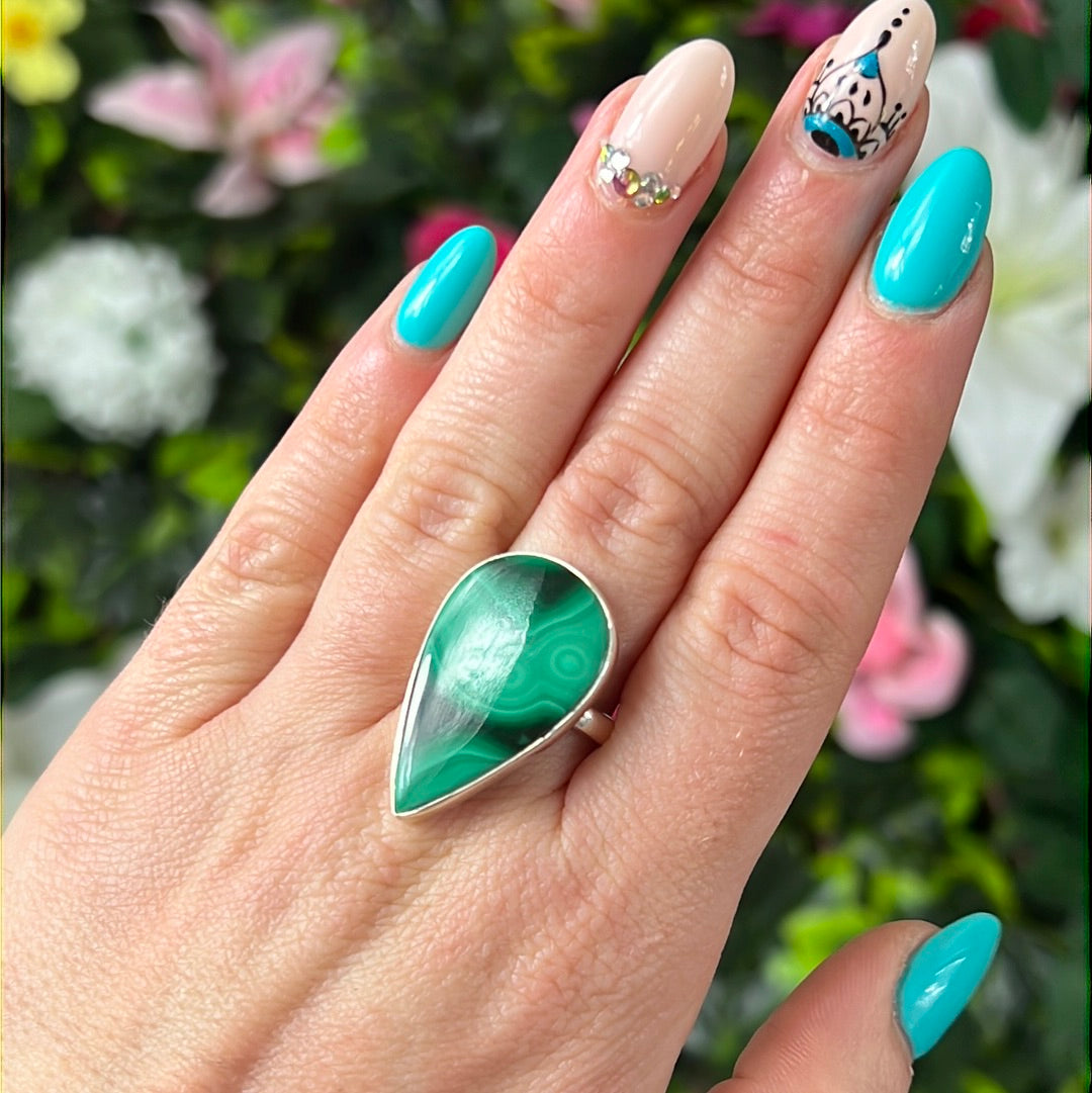 Malachite 925 Silver Ring - Size P 1/2