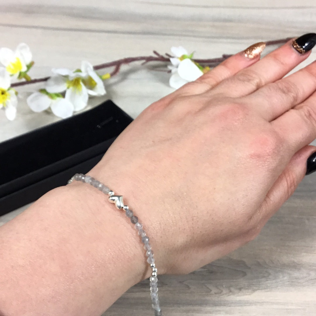 Heart Charm Facet Sterling Silver Crystal Bracelet