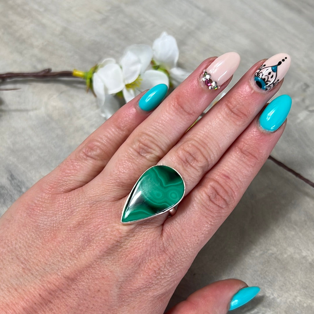 Malachite 925 Silver Ring - Size P 1/2