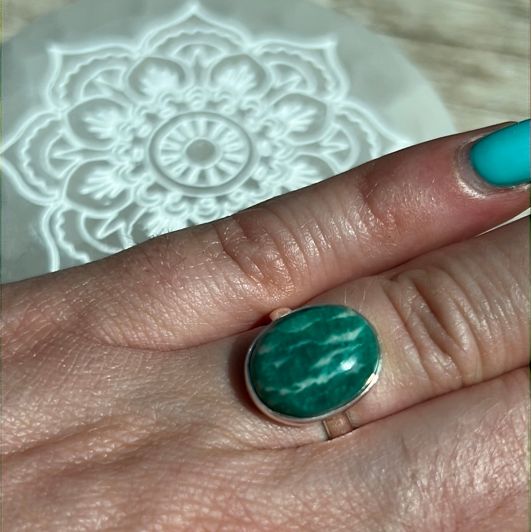 Amazonite 925 Silver Ring - Size L 1/2 - M AA GRADE