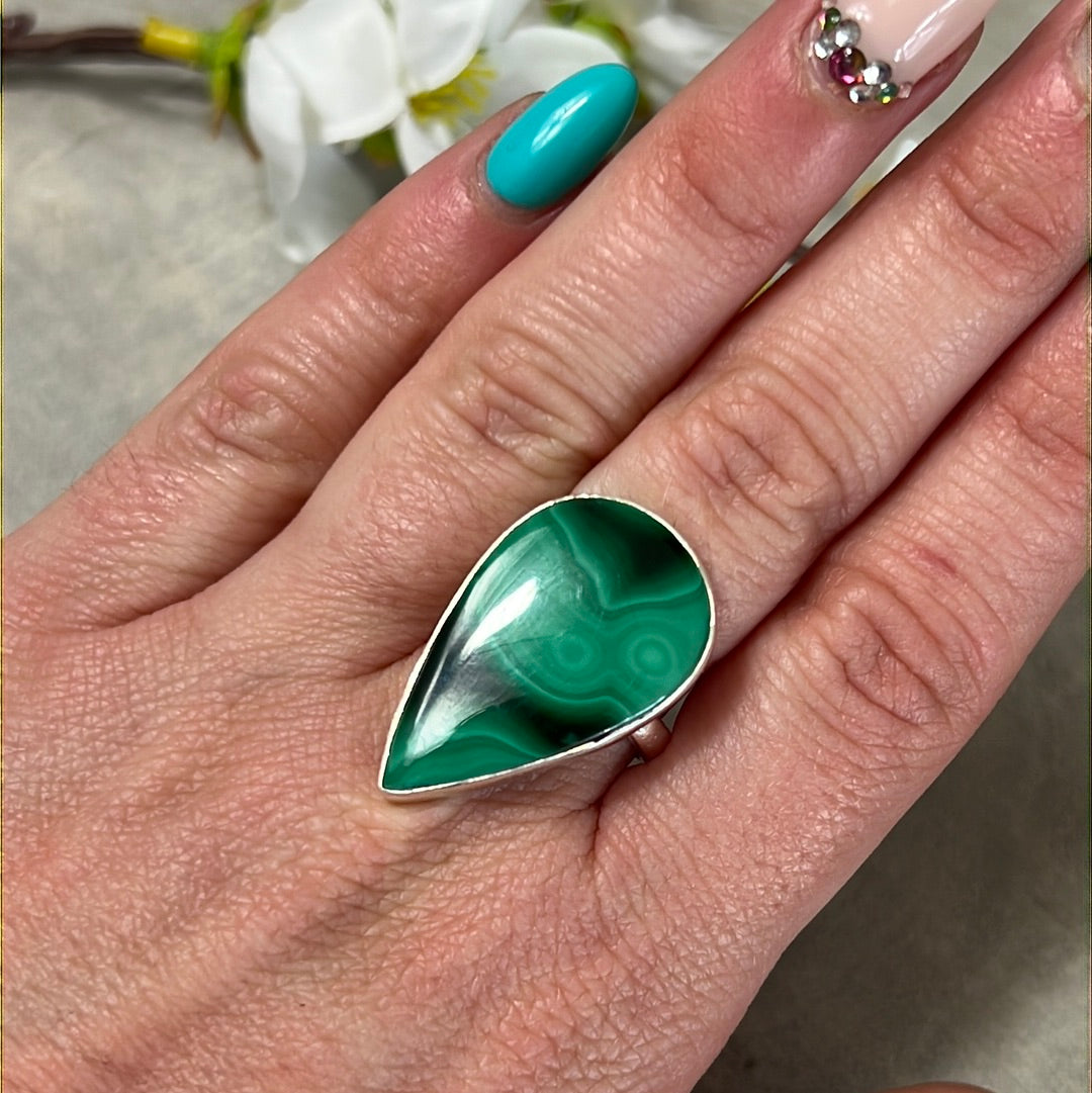 Malachite 925 Silver Ring - Size P 1/2