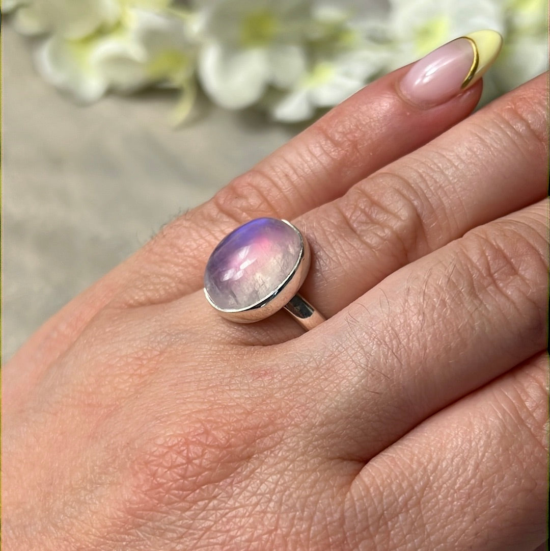 Pink Moonstone 925 Silver Ring -  Size L