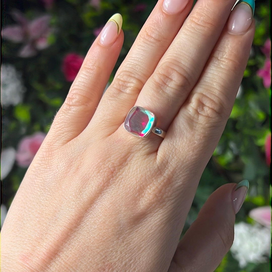 Mystic Topaz Facet 925 Silver Ring - Size O