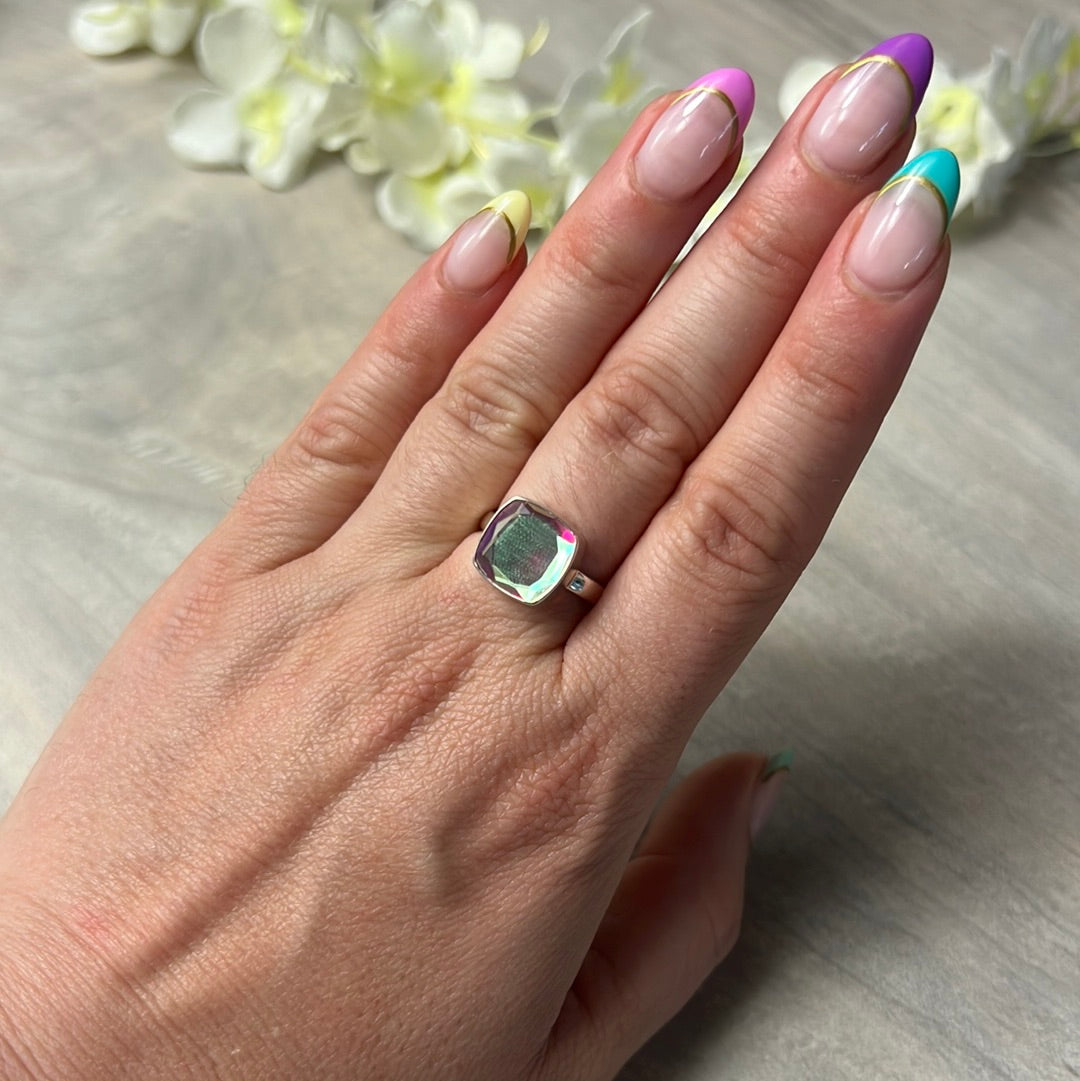 Mystic Topaz Facet 925 Silver Ring - Size O
