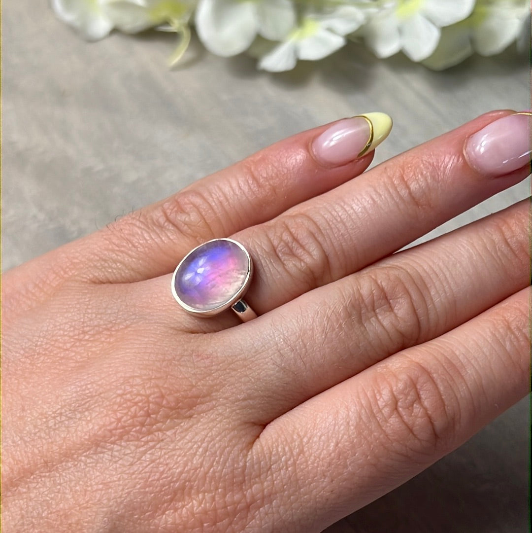 Pink Moonstone 925 Silver Ring -  Size L