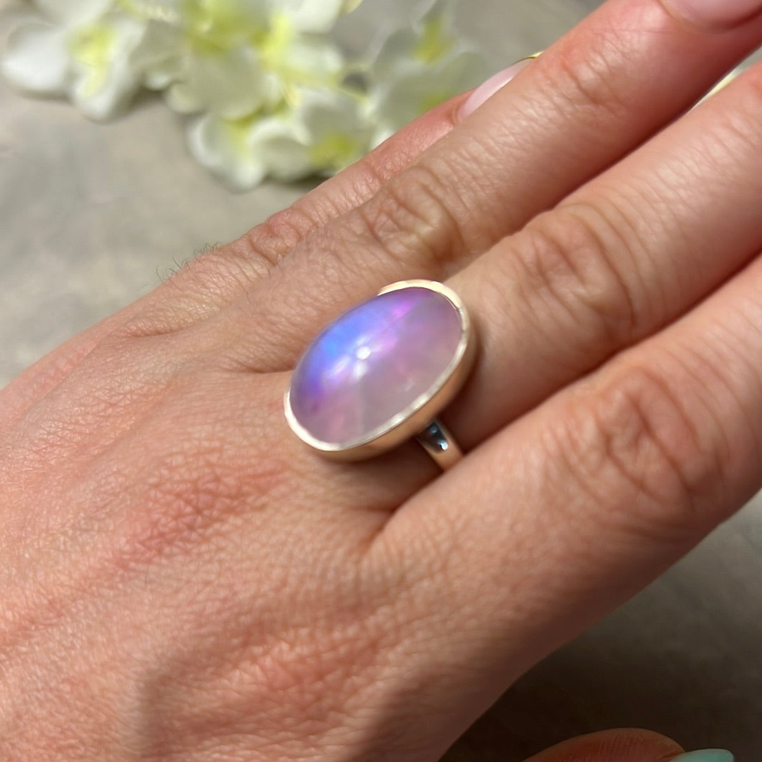 Pink Moonstone 925 Silver Ring -  Size N 1/2