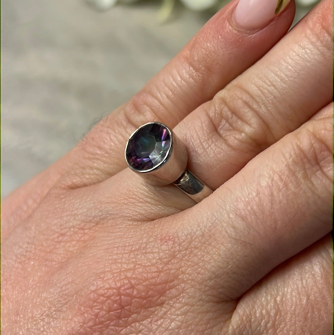 Mystic Fire Topaz Facet 925 Silver Ring -  Size L 1/2