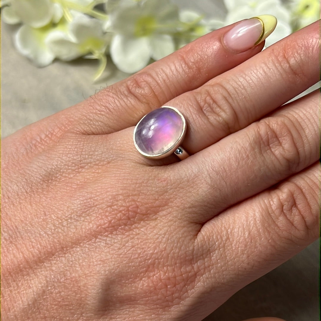 Pink Moonstone 925 Silver Ring -  Size L