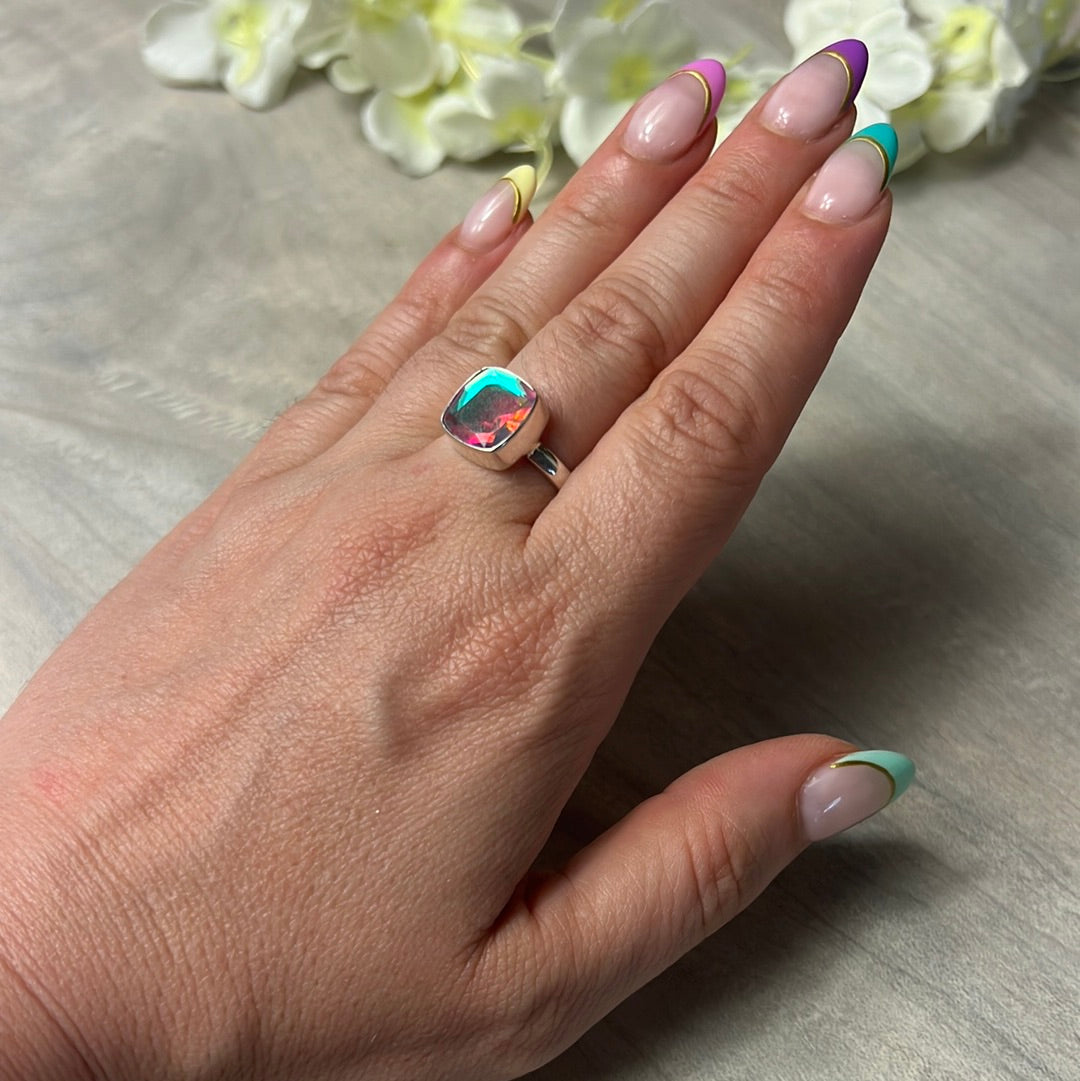 Mystic Topaz Facet 925 Silver Ring - Size O
