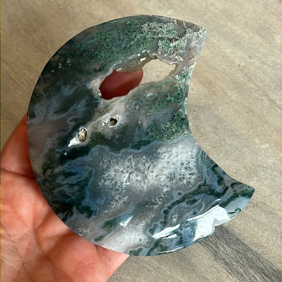 Moss Agate Moon on Stand