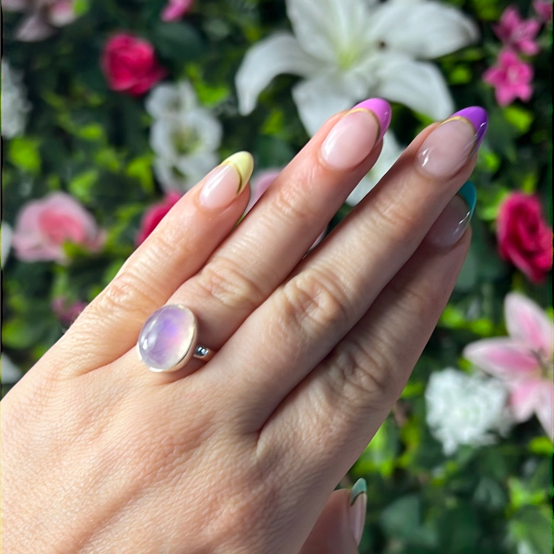 Pink Moonstone 925 Silver Ring -  Size L