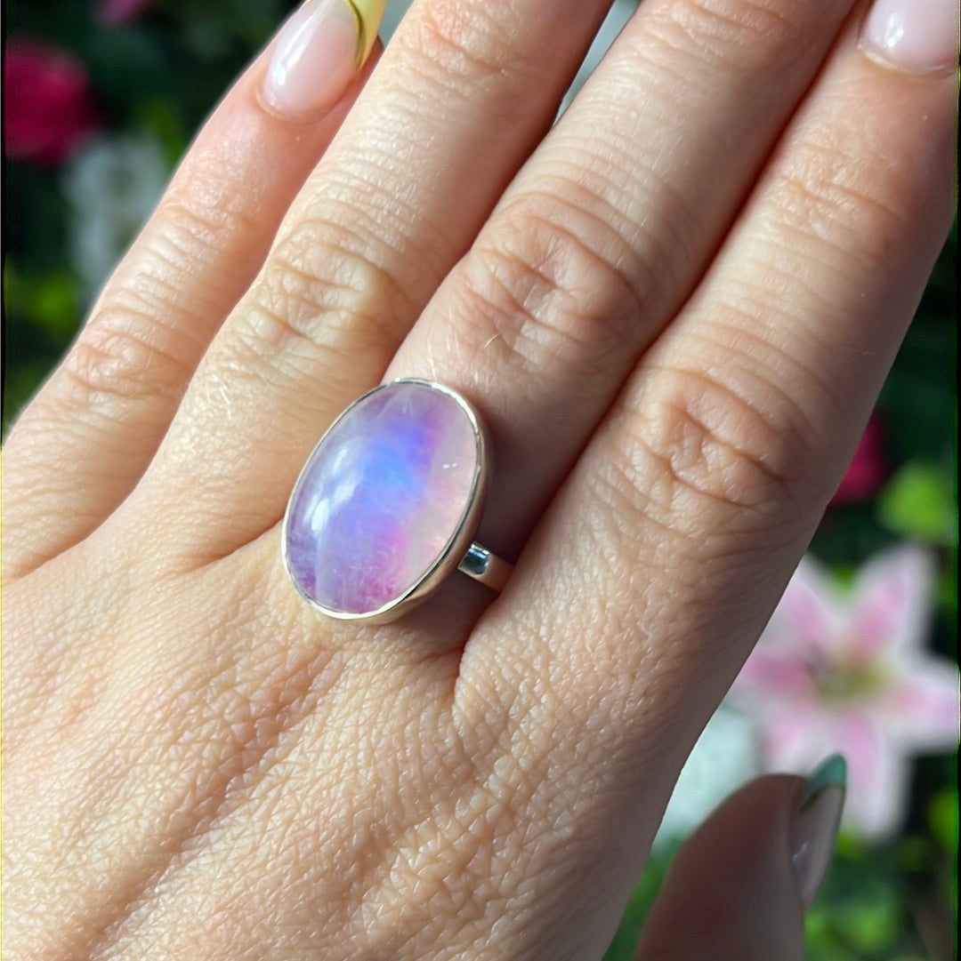 Pink Moonstone 925 Silver Ring -  Size N 1/2