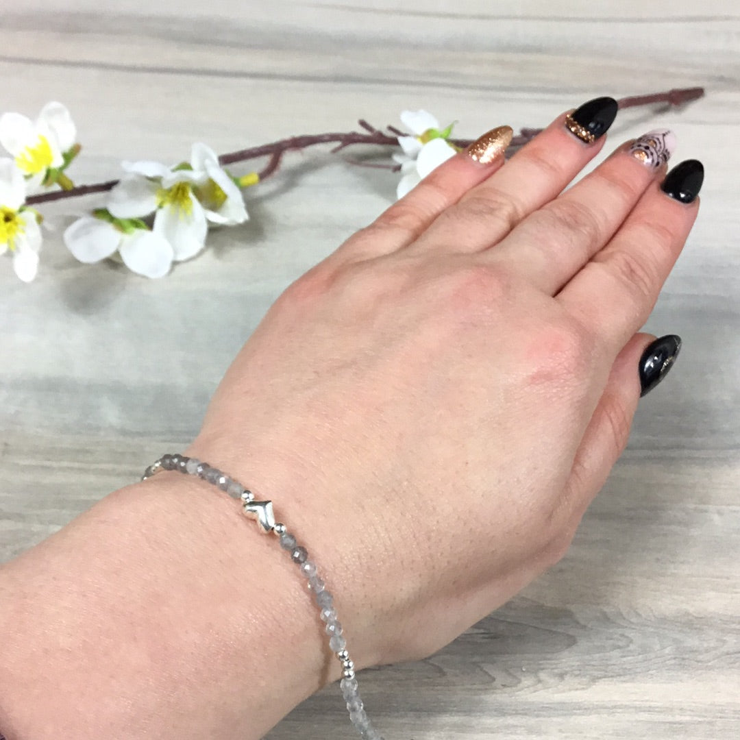 Heart Charm Facet Sterling Silver Crystal Bracelet