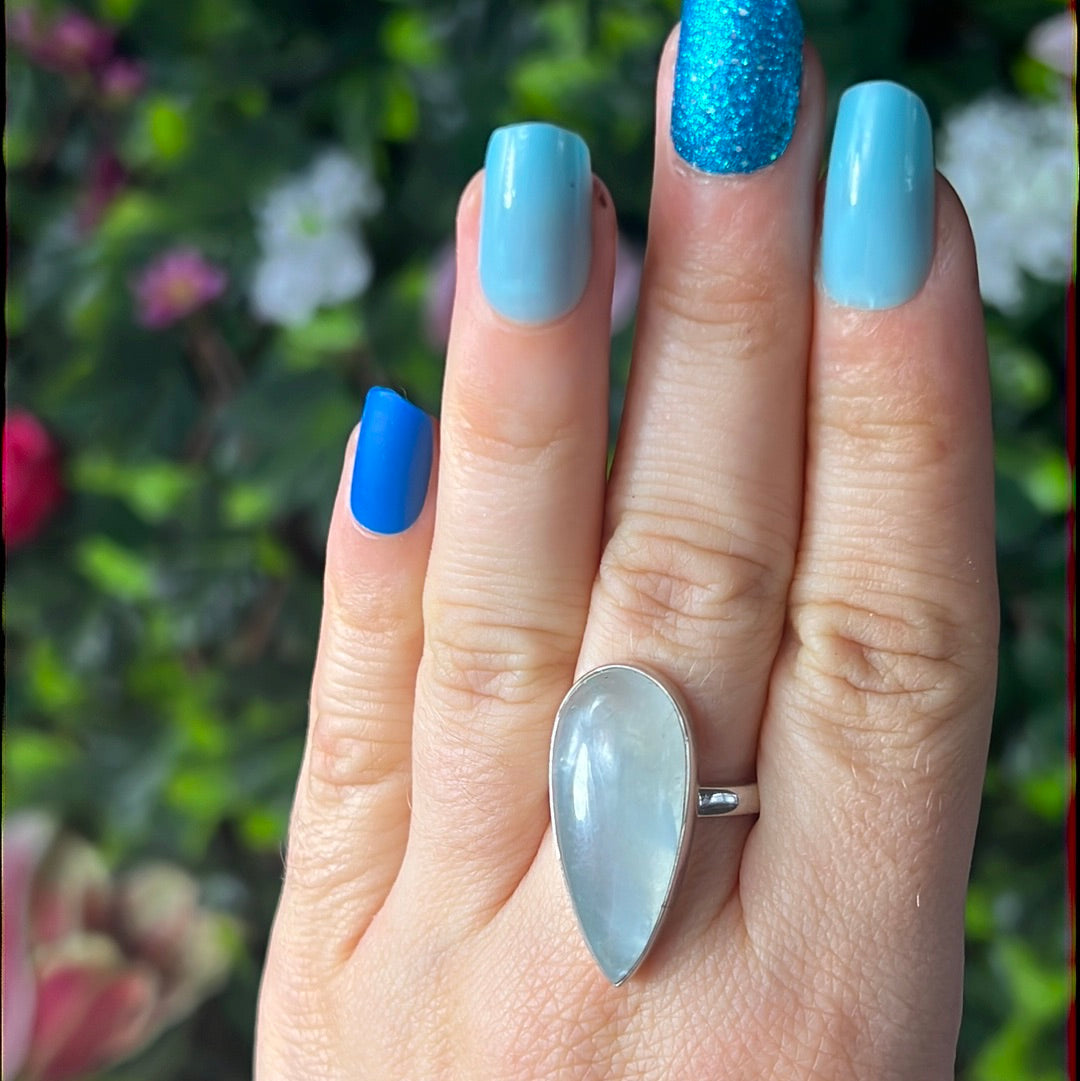 Aquatine Lemurian Calcite 925 Sterling Silver Ring -  Size P 1/2