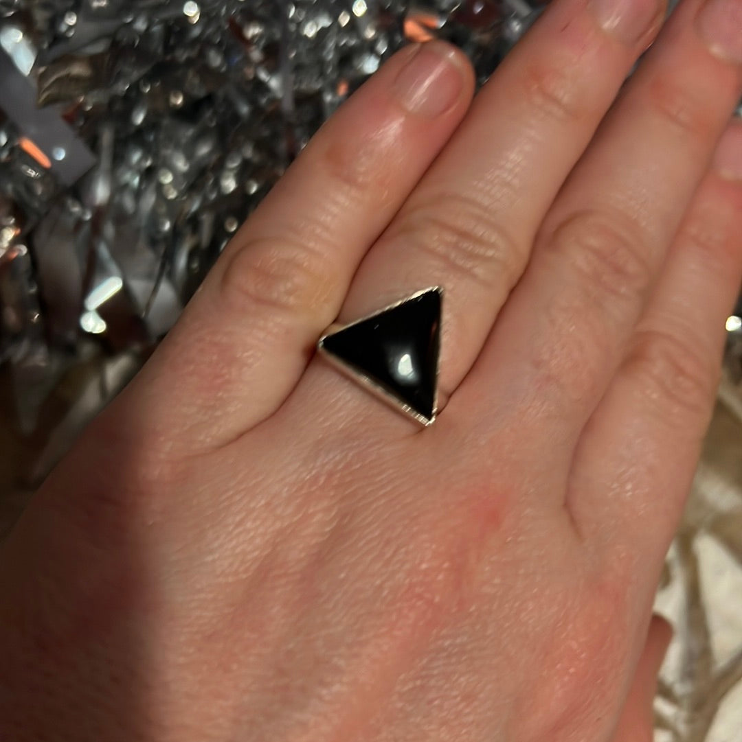 Black Onyx Triangle 925 Silver Ring -  Size L 1/2