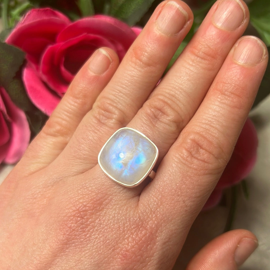 Rainbow Moonstone AA GRADE 925 Sterling Silver Ring - Size S