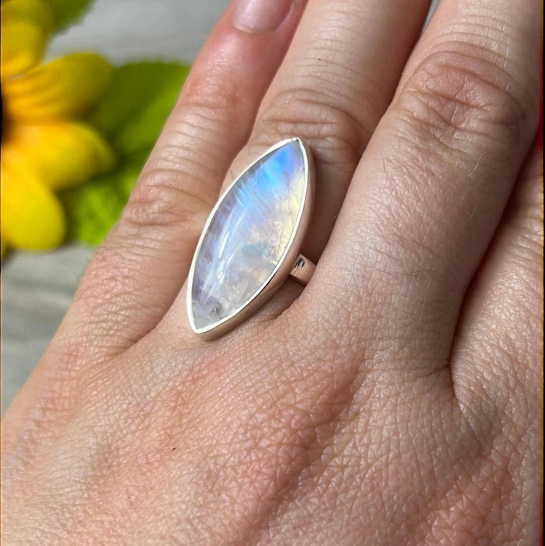 Rainbow Moonstone  AA GRADE 925 Silver Ring -  Size L 1/2