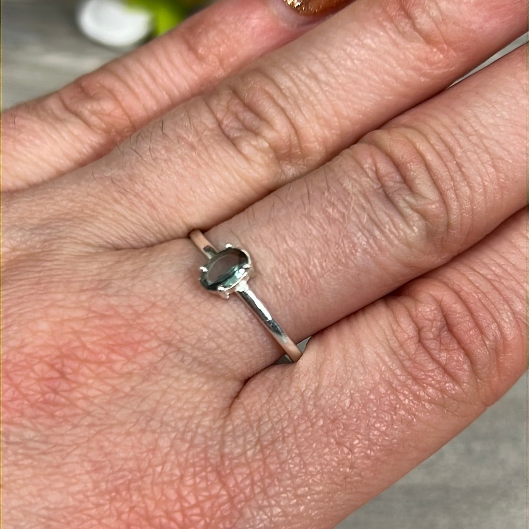 Blue Tourmaline Facet 925 Silver Ring - Size S 1/2