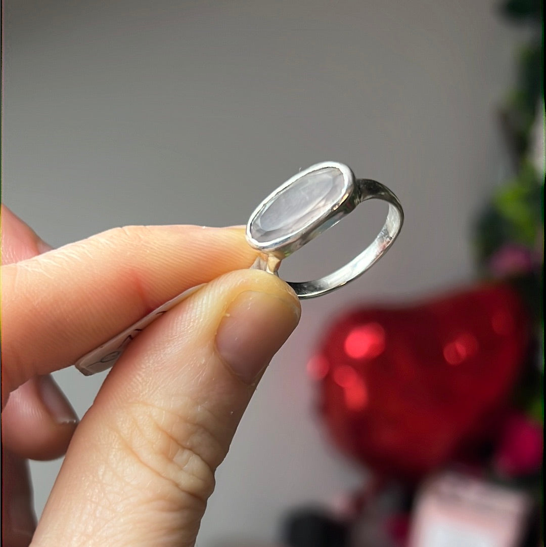 Rose Quartz Facet Bar 925 Sterling Silver Ring - Size P 1/2- Q