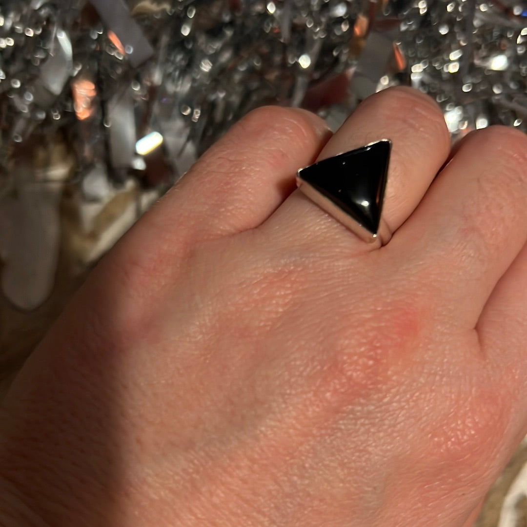 Black Onyx Triangle 925 Silver Ring -  Size L 1/2
