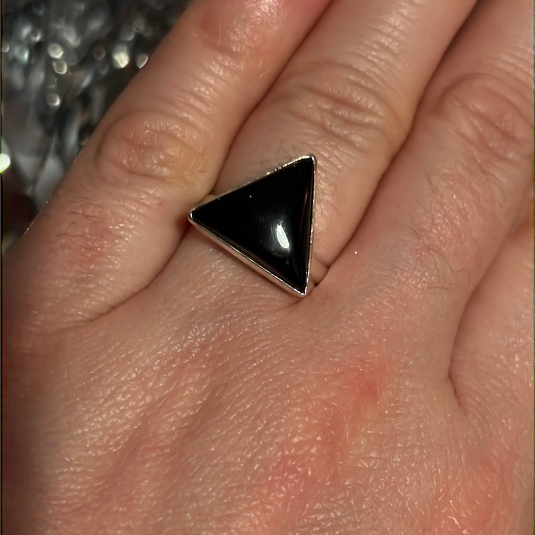 Black Onyx Triangle 925 Silver Ring -  Size L 1/2