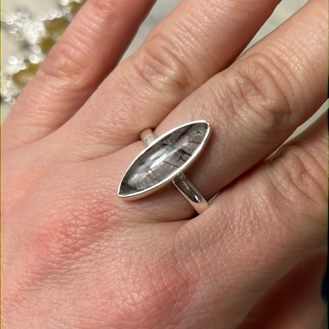 Rutile Tourmaline in Quartz AA GRADE - 925 Sterling Silver Ring - Size P 1/2