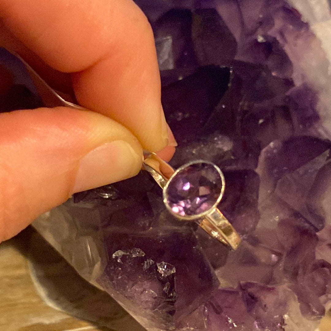 Amethyst Facet 925 Sterling Silver Ring - Size R 1/2