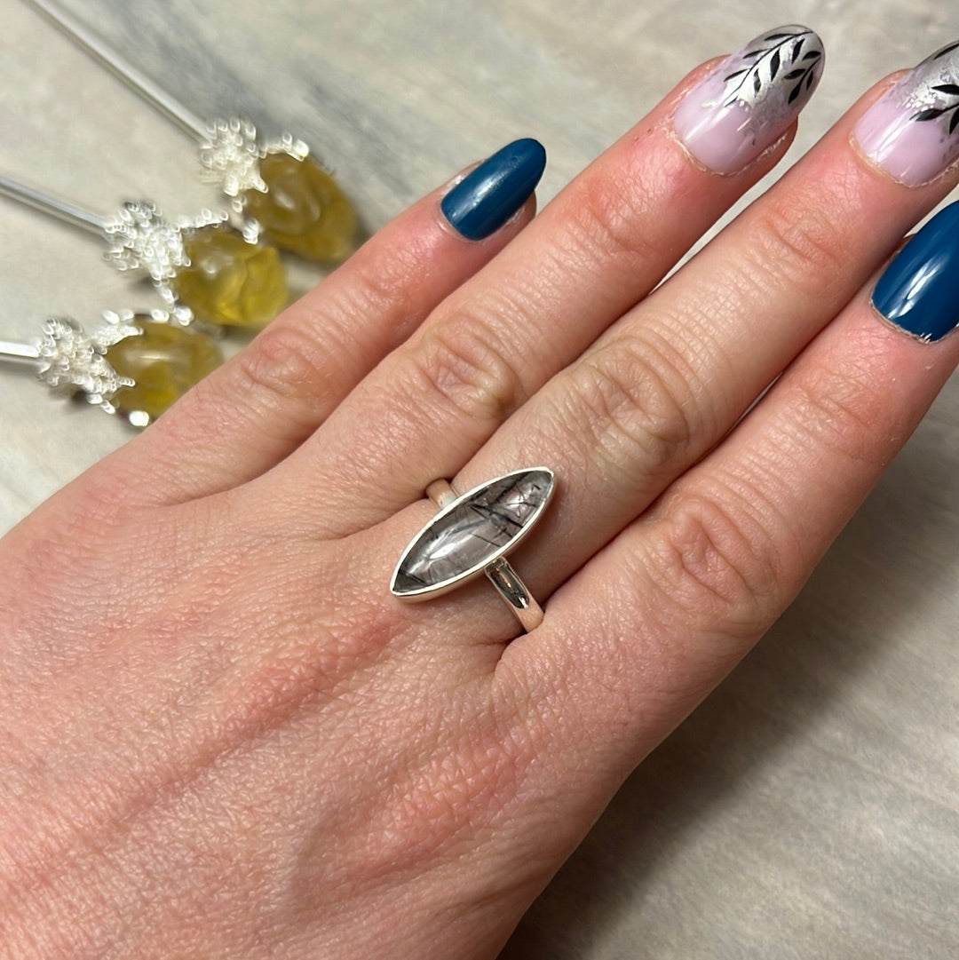 Rutile Tourmaline in Quartz AA GRADE - 925 Sterling Silver Ring - Size P 1/2