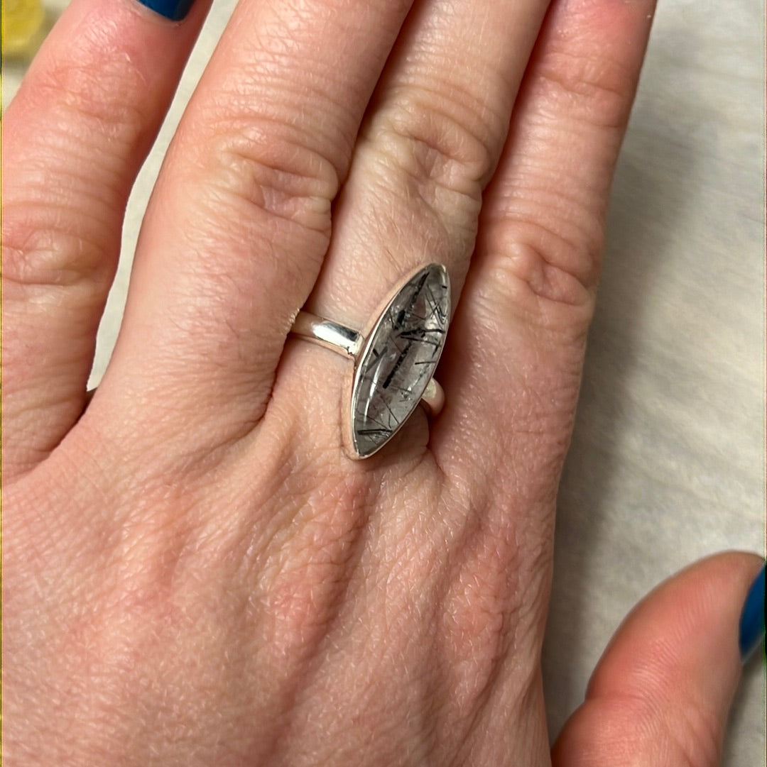 Rutile Tourmaline in Quartz AA GRADE - 925 Sterling Silver Ring - Size P 1/2